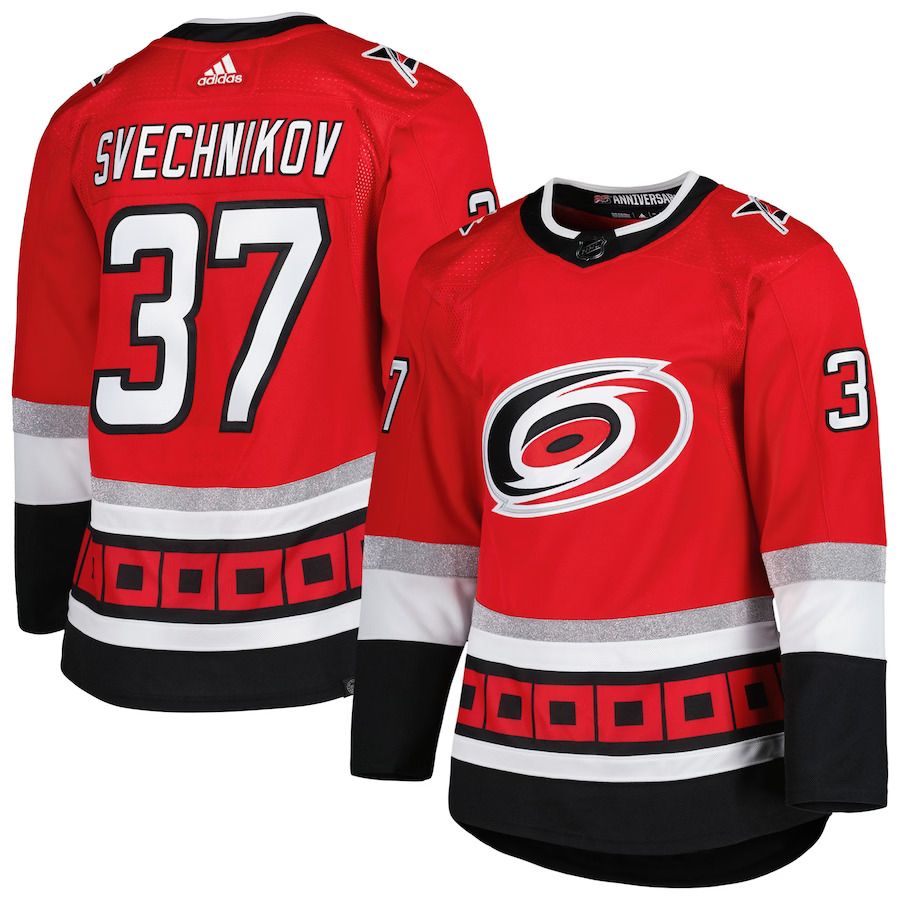 Men Carolina Hurricanes #37 Andrei Svechnikov adidas Red 25th Anniversary Authentic Pro Primegreen Player NHL Jersey